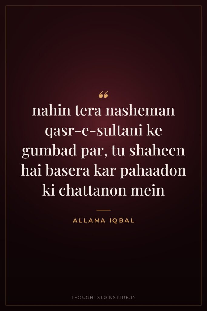 nahin tera nasheman qasr-e-sultani ke gumbad par, tu shaheen hai basera kar pahaadon ki chattanon mein