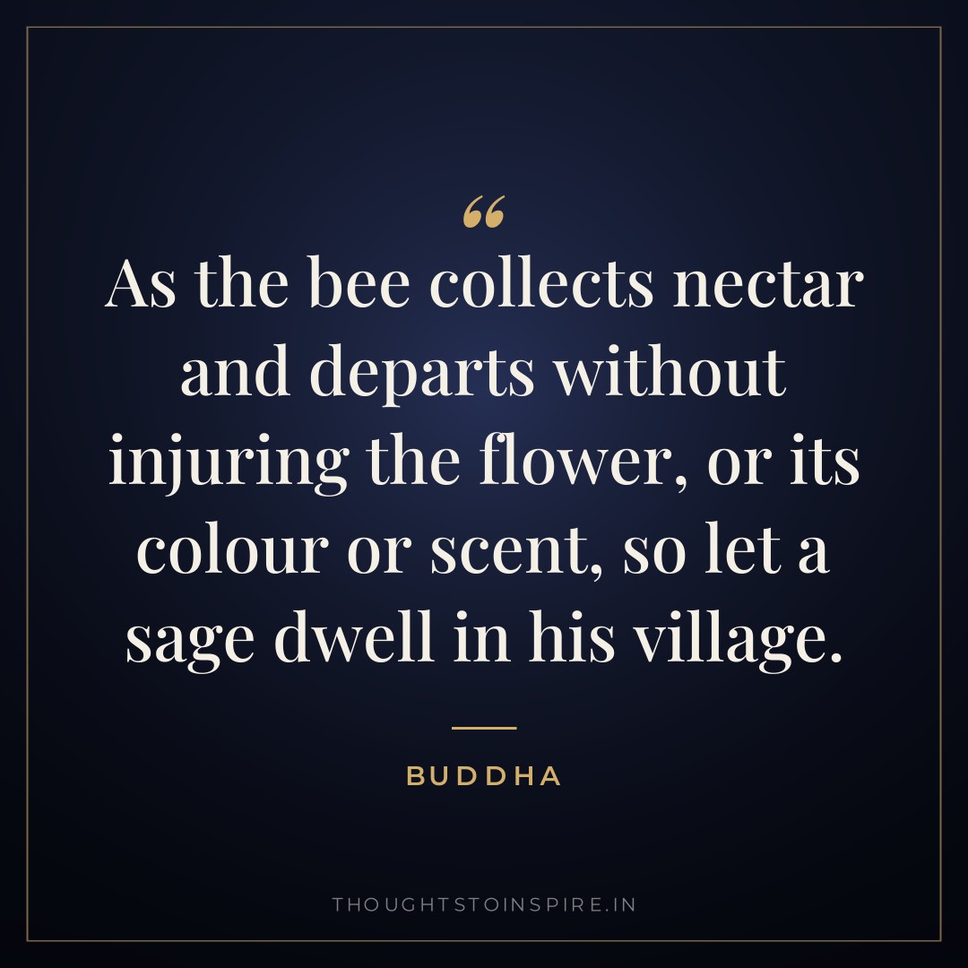As the bee collects nectar and departs without injuring the flower, or its colour or scent, so let a sage dwell in his village. — Buddha