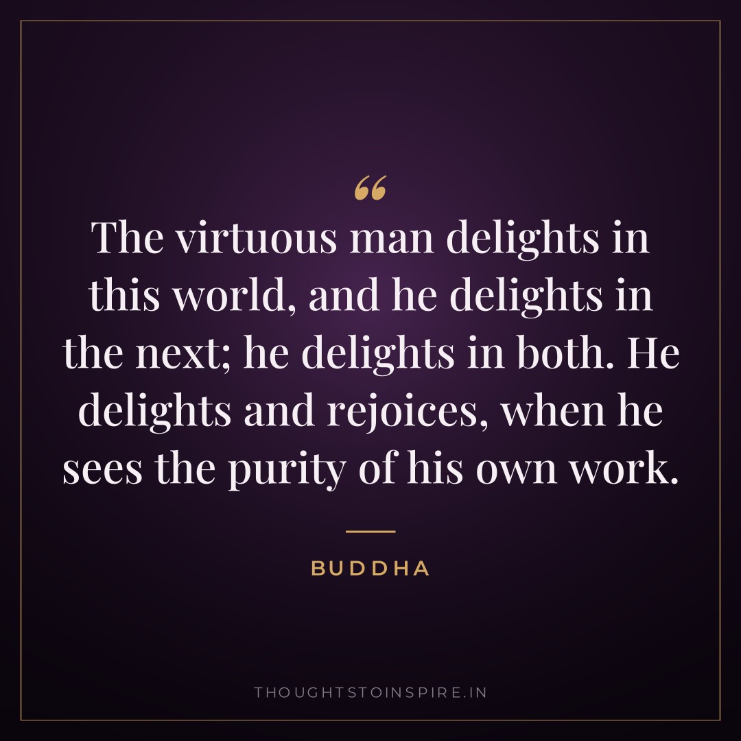 The virtuous man delights in this world, and he delights in the next; he delights in both. He delights and rejoices, when he sees the purity of his own work. — Buddha